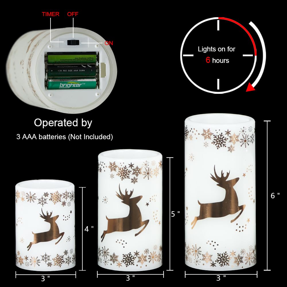 Wondise Flameless Flickering Candles with 6H Timer, Gold Deer Christmas Battery Operated Candles 3 Pack Real Wax Warm Light LED Pillar Candles for Christmas Dinner Tabletop Holiday Decor 3" x 6"