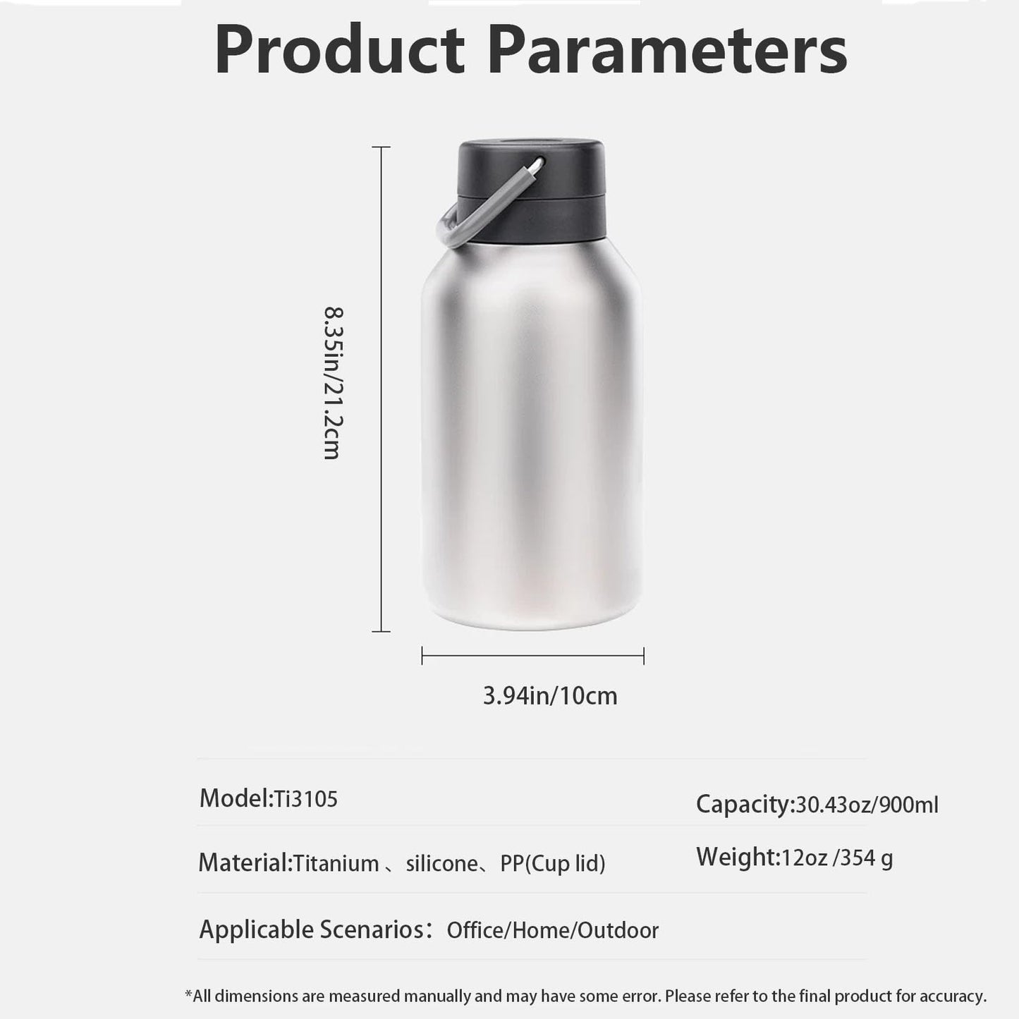 KEITH Titanium Vacuum Insulated Water Bottle, 30.43 fl oz (900 ml), Lightweight Large Capacity Double Walled Hot Travel Flask for Outdoor Camping (Ti3105)