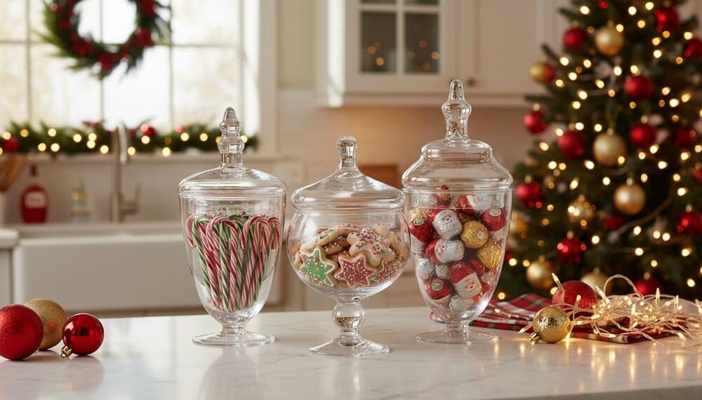 Elements Clear Glass Apothecary Jars with Lids, Set of 3 - Decorative Storage Jars for Home, Kitchen, Bathroom - 10, 9.5, 8.5 Inch Handcrafted Display Jar Set