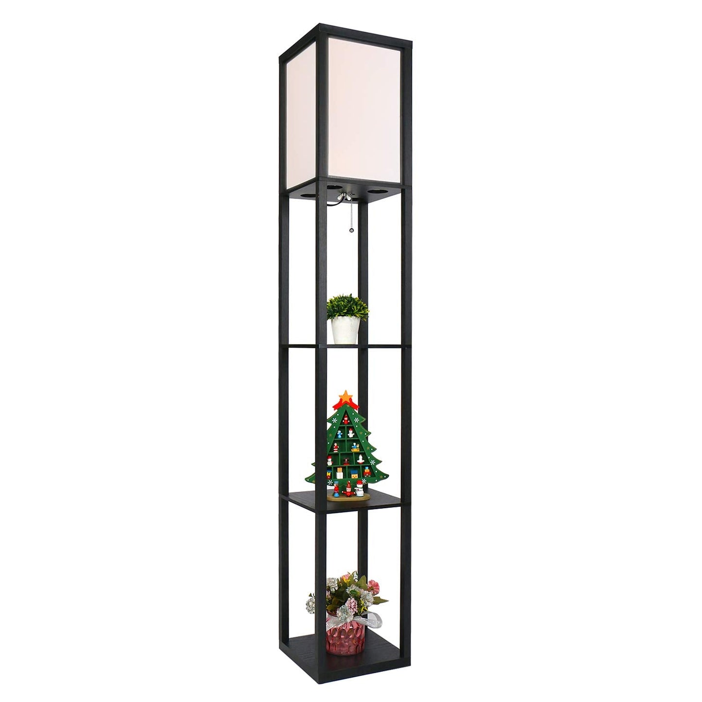 PULUOMIS Floor Lamp with Shelves, 3 Layers Wooden Shelf Standing Light, Modern Reading Lamp for Bedroom, Living Room, Office, Home Decoration (Size:26x 26x 160 cm) (Without Bulb)-Black