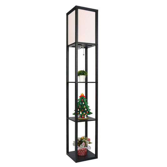 PULUOMIS Floor Lamp with Shelves, 3 Layers Wooden Shelf Standing Light, Modern Reading Lamp for Bedroom, Living Room, Office, Home Decoration (Size:26x 26x 160 cm) (Without Bulb)-Black