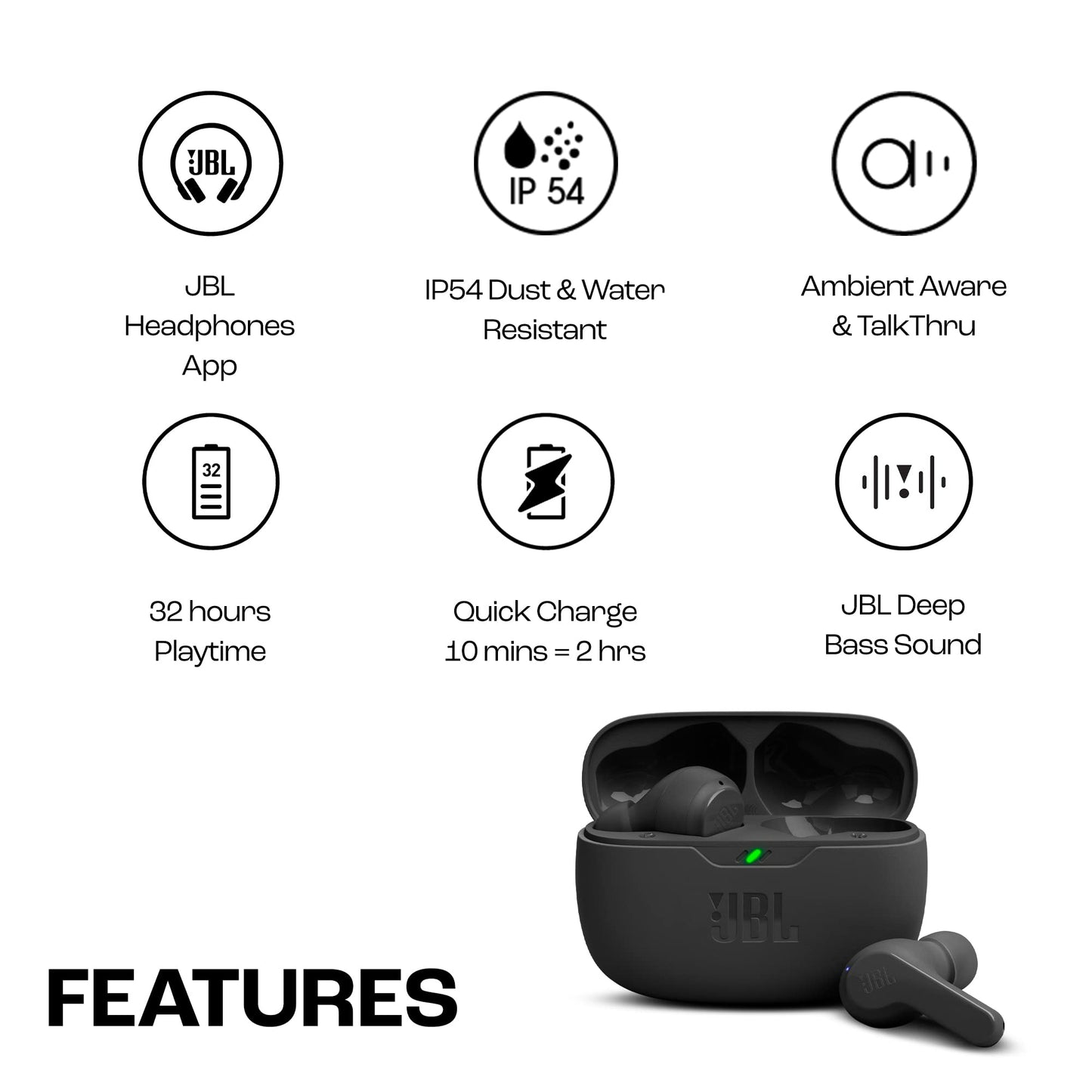 JBL Wave Beam In-Ear Wireless Earbuds with IP54 and IPX2 Waterproofing, Hands-Free Calling and 32-Hour Battery Life, Black