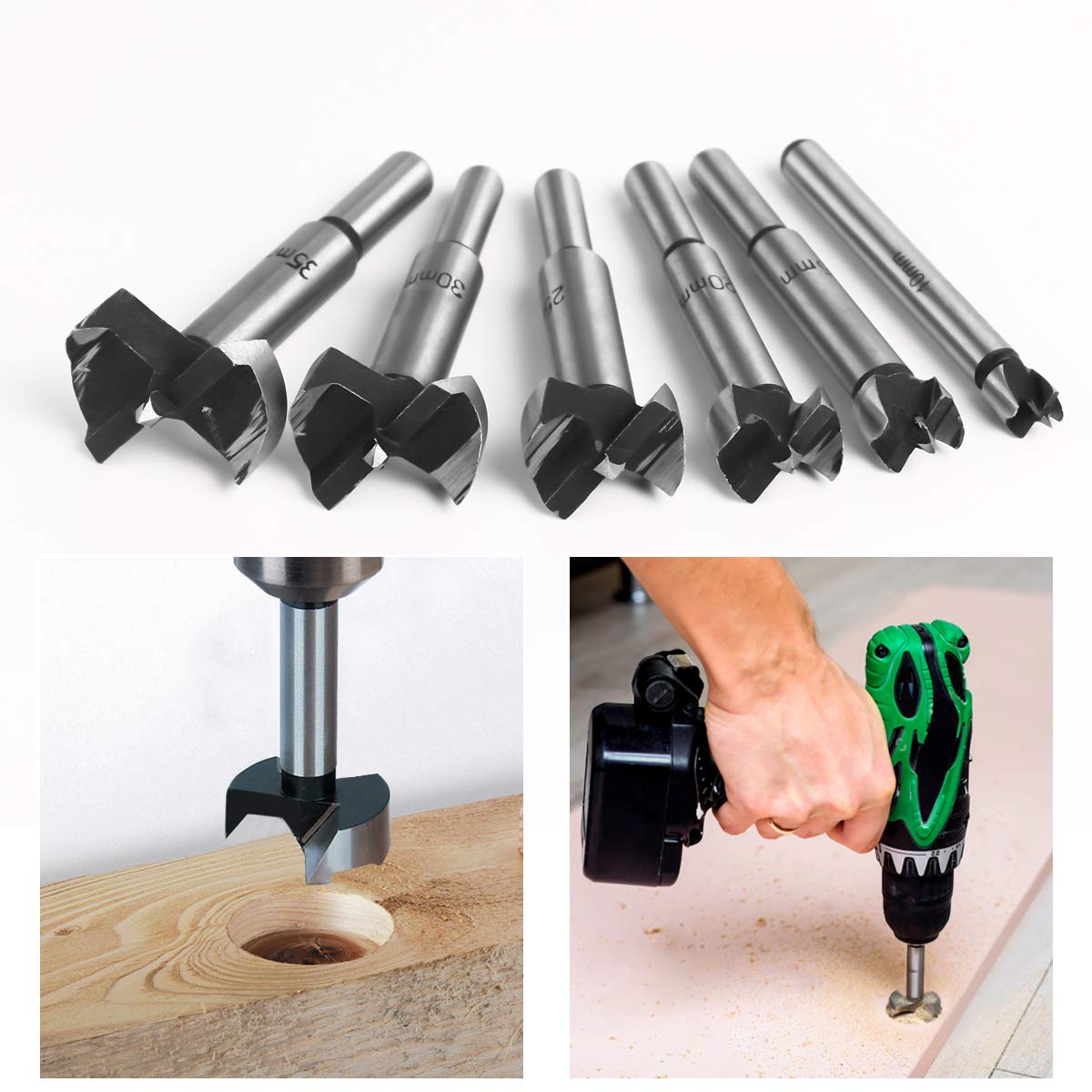 flintronic Forstner Drill Bit, 6PCS(10,15,20,25,30,35mm) Cemented Carbide Woodworking Hole Saw HSS Drill Bit Set for Hand Drill/Bench Drill/Solid Wood, Cork, Splint, Plywood, Particle Board