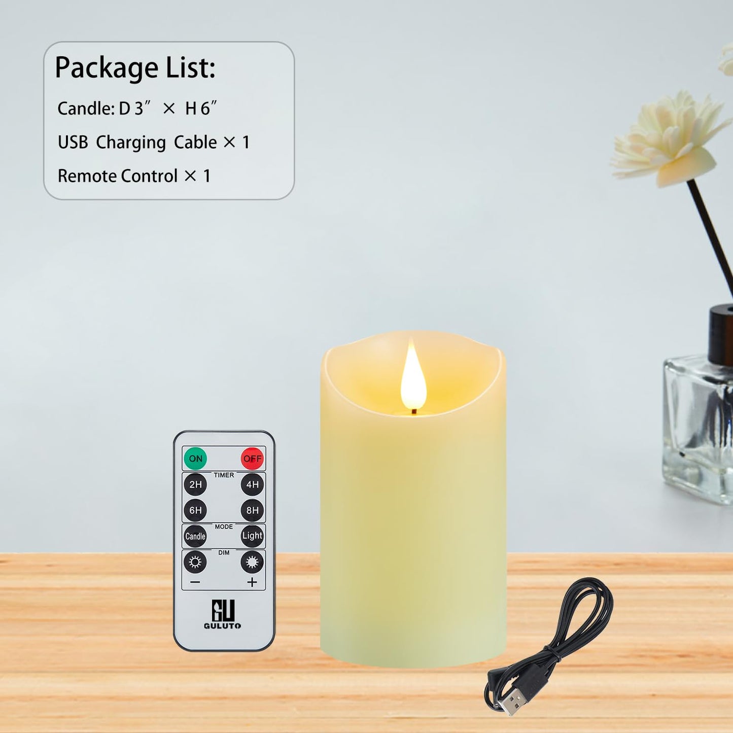Guluto Flickering Flameless Candles with Rechargeable Battery, Electronic Candles with Remote and Timer, led Pillar Candles Real Wax Wick, led Candles for Home, Wedding, Halloween, Christmas 3" x 6"
