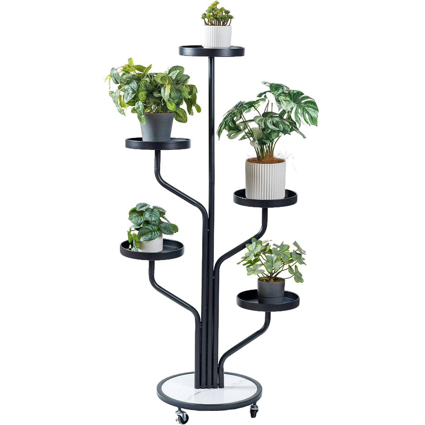 CHPHI 5 Tier Indoor Plant Stand Wrought Iron, Tall Metal Plant Stand with Wheels, Metal Rolling Plant Shelf with 5 Trays, Multi-tier Rolling Display Stand for Home and Office(Black)