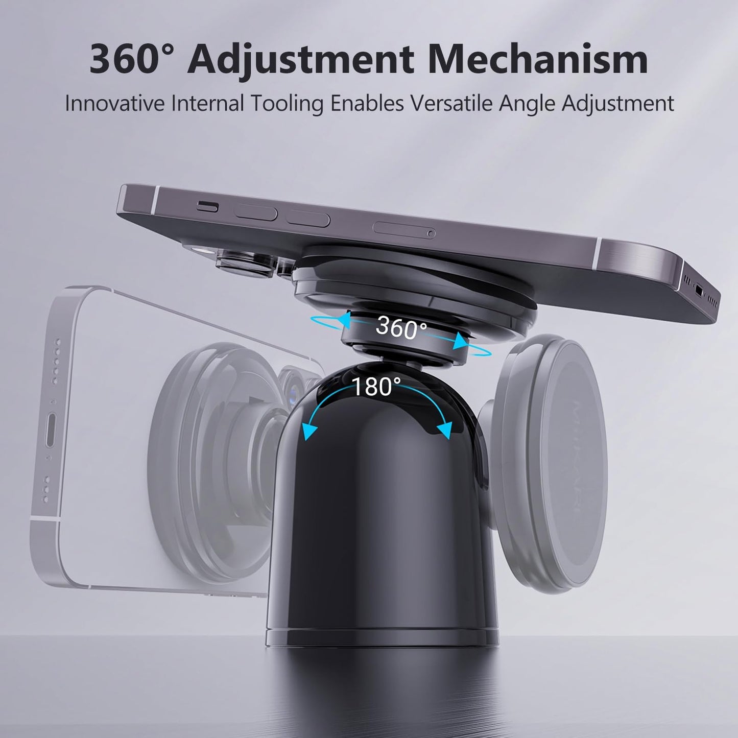 MiiKARE Dual Magnetic Phone Holder for Magsafe, Strong Magnets Gym Phone Holder Mount, 360 Rotation Adjustable, Hands Free Cell Phone Holder Compatible iPhone 17 Pro Max 16 15 14 13, Magsafe Black
