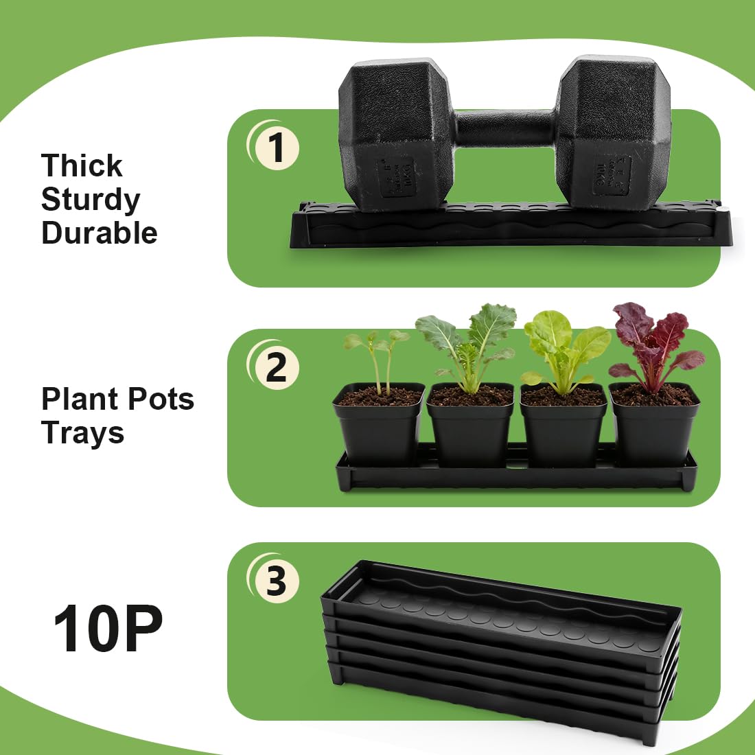 10 Pack Plastic Windowsill Plant Pot Trays (16"x5.5"x1.5"), Rectangular Window Sill Saucer with Removable Drainage Hole, Thick Plant Saucer Tray for 4 inch (10CM) Flower Seedling Pots (Black)