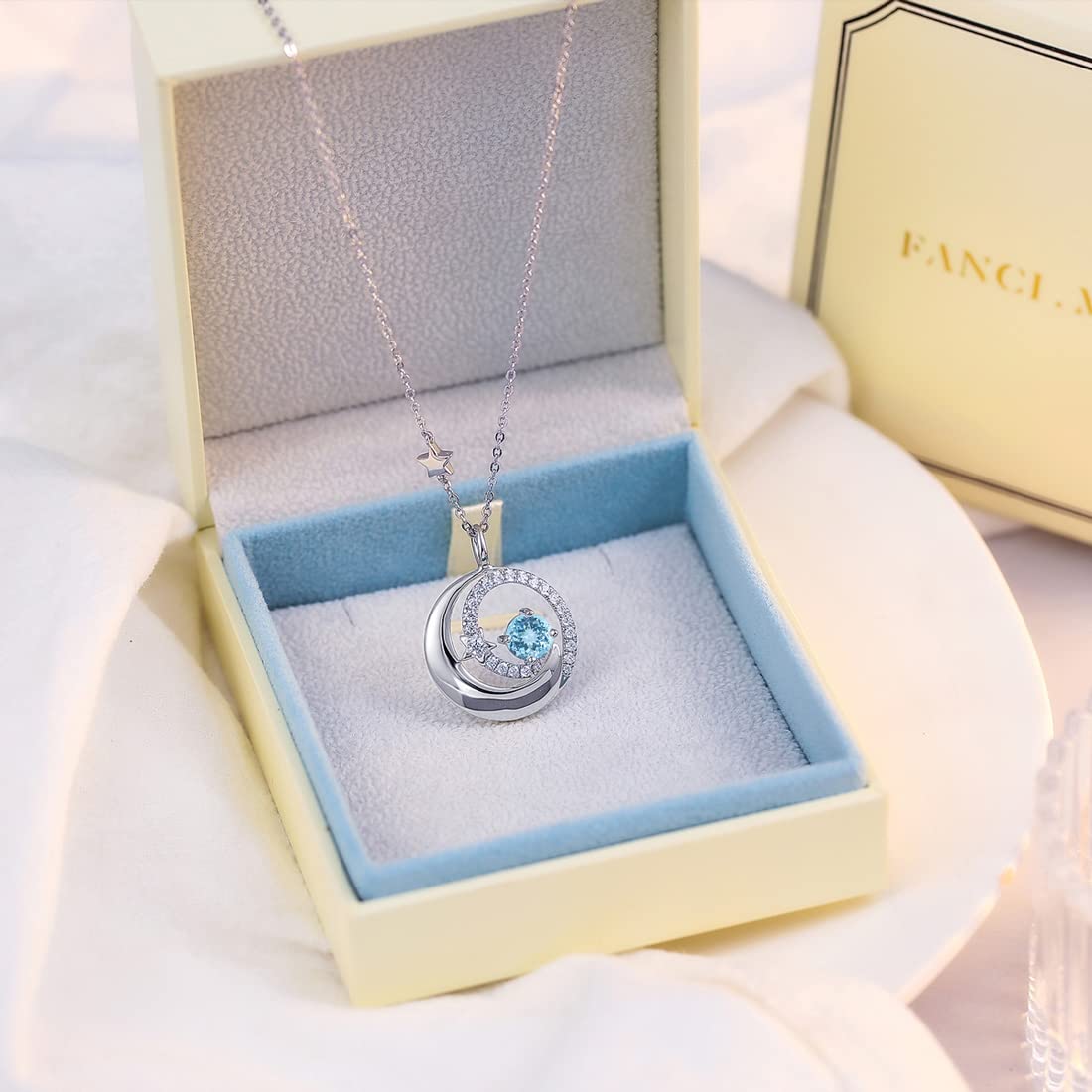 FANCIME Aquamarine Necklace March Birthstone Moon Star Pendant 925 Sterling Silver Blue Fine Jewelry Birthday Anniversary Mothers Day Gifts for Women Mom Daughter, Adjustable Chain 16+2"
