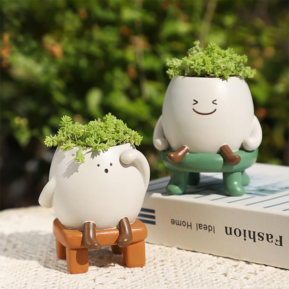 WLLYXUS Smiley Face Planter Pot, Cute Plant Pots for Indoor Outdoor,Chair Plant Pot for Succulents Plants Live with Drainage Hole (Green)