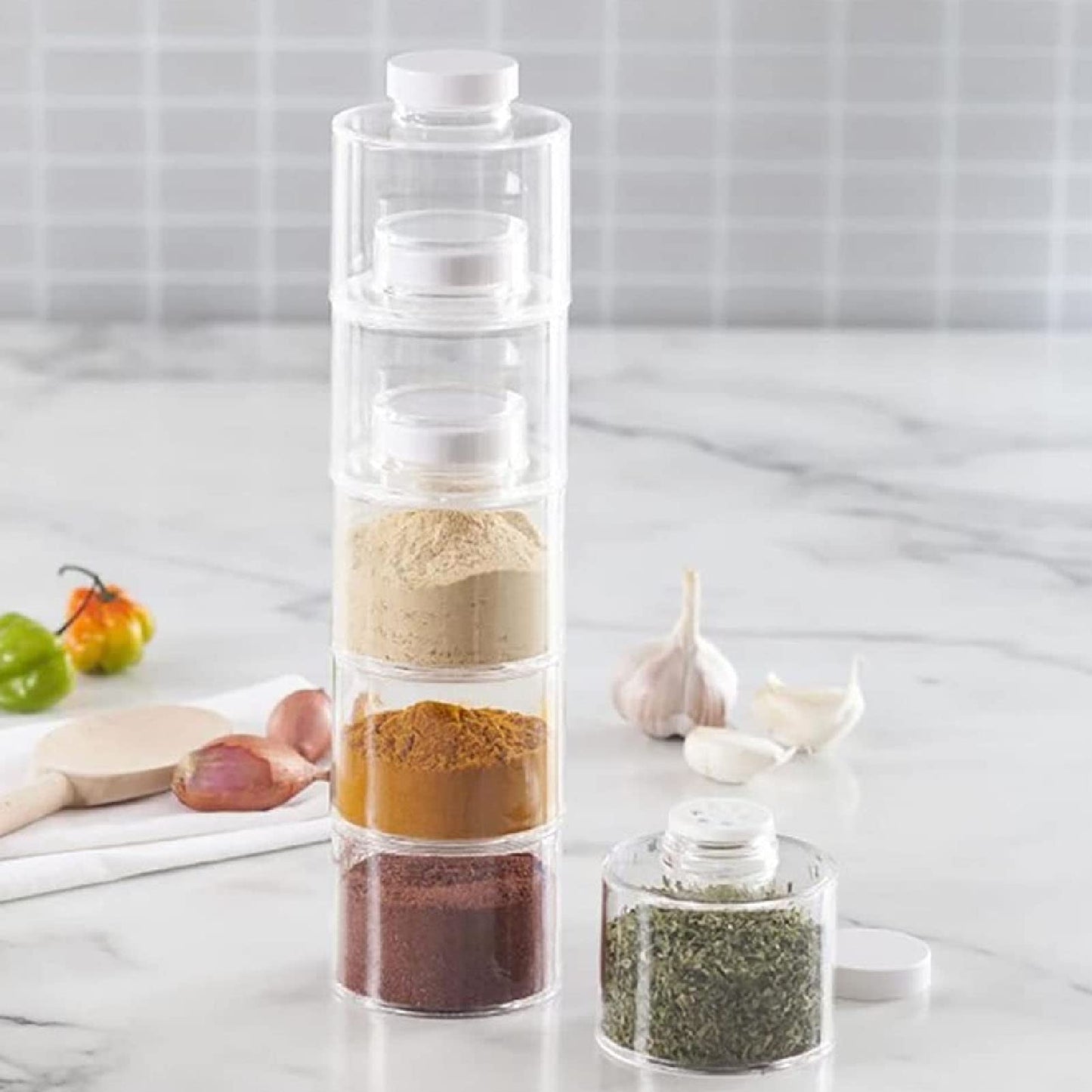 AYNEFY 6 Pcs Stackable Pot,Transparent Tower Seasoning Bottle Storage Container Kitchen Seasonings Jars Salt Storage Box Organizer