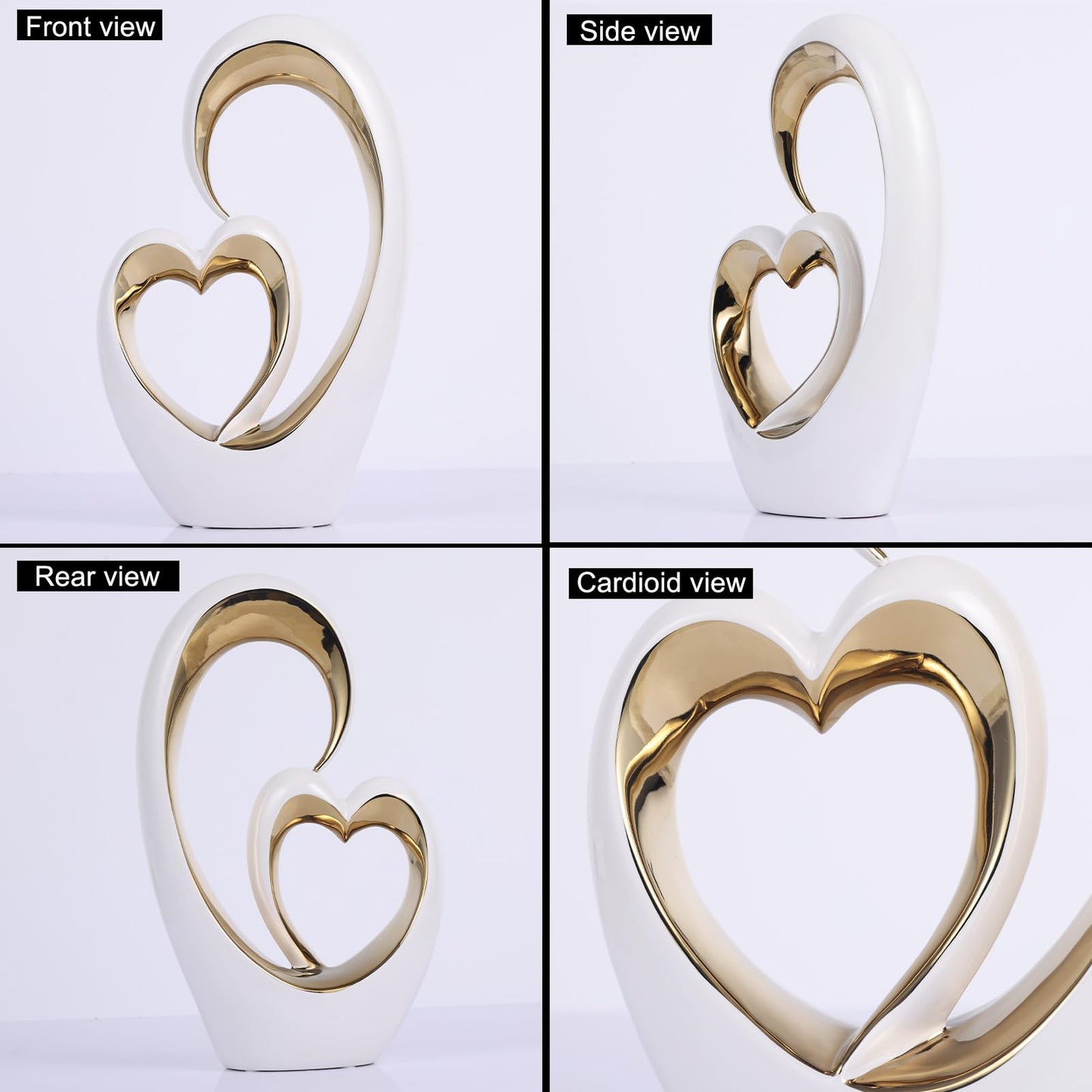 Oliruim White Gold Ceramic Heart Statues - Abstract Home Sculptures for Bedroom, Wedding, Valentine Decor & Gifts for Women