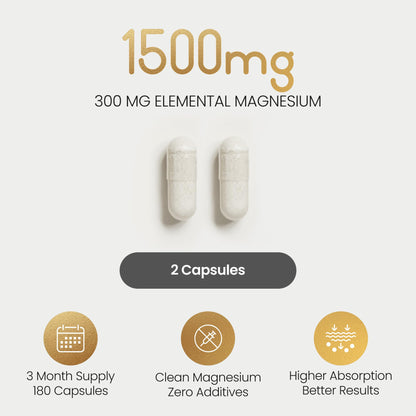 VitaBright Magnesium Glycinate | 180 Capsules | 2 A Day | 1500mg Mag Bisglycinate | 300mg Elemental Mag | High Strength Magnesium Supplements for Women - Men - Adults