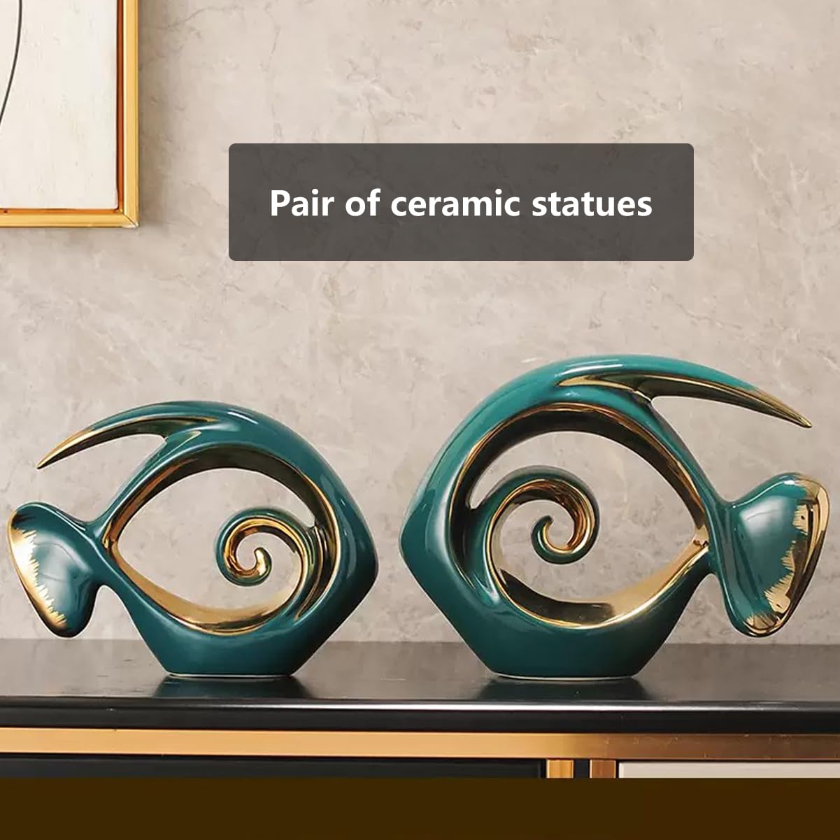 Tuioyoc Ceramic Statues Angelfish Home Decor Modern Style Figurine Green and Gold Decorative Ornaments for Living Room, Table Centerpiece, Kitchen, Office Desktop, Shelf, Entryway Decoration