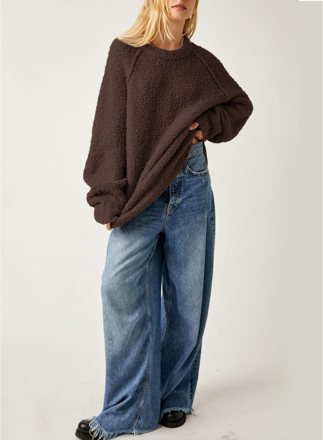 Beaully Women's Oversized Long Sleeve Crewneck Fuzzy Knit Warm Sweaters 2025 Fall Pullover Sweater Tops