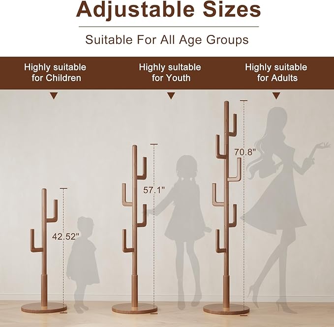 Muwuele Solid Wood Cactus Coat Rack, Freestanding Coat Rack
