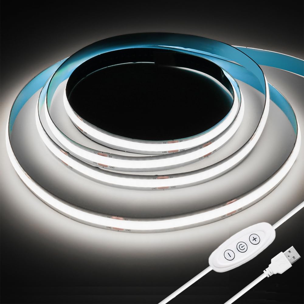 Smacen USB Powered COB Led Strip Lights, 6.56Ft Battery Operated 6000K LED Strip Lights, High Brightness Flexible LED Tape Lights for Room, Cabinet, Bedroom, Kitchen, Party, Home DIY Indoor Deco