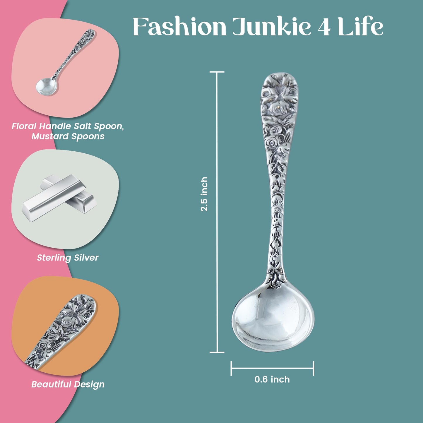 Sterling Silver 2.5" Salt Spoon or Mustard Spoon w/Floral Pattern Handle