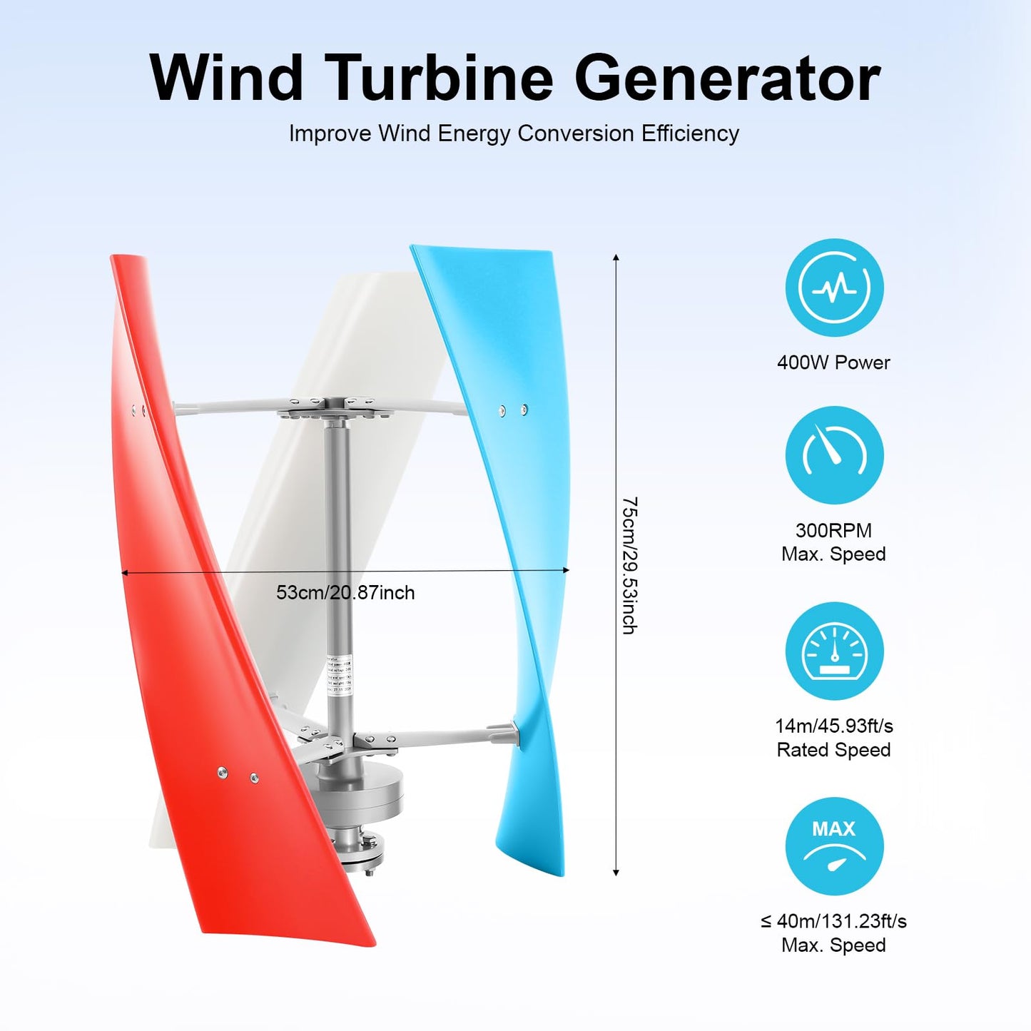 BANEBONE 400W Vertical Wind Turbine Generator, 24V, 3-Blade Kit with Controller, IP67 Waterproof, 30dB Low Noise, Blue/White/Red, for Home, Marine, RV & Off-Grid