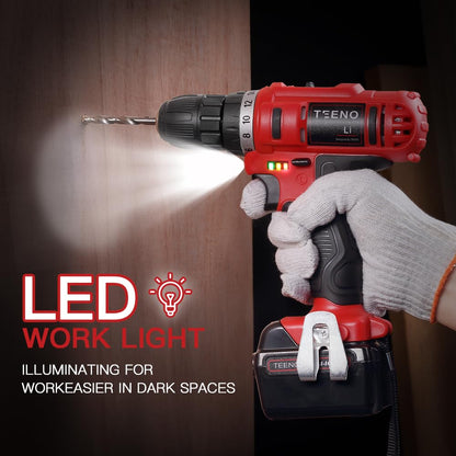 Cordless Drill Driver 21V TEENO,Battery Powered Screwdriver with 2X 1.5Ah Lithium Battery and 20 Accessories,2 Speeds,18+1Torque