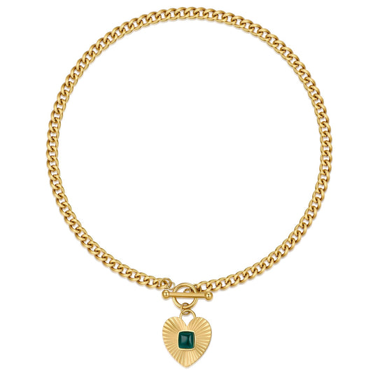 NUZON Natural Green Agate Heart Pendant Necklace for Women - 18K Gold Plated Stainless Steel Chunky Cuban Chain Toggle Clasp, 18'' Love & Hope Healing Stone Sunburst Jewelry
