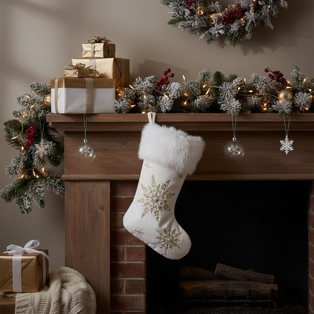 Comfy Hour 18" White Velvet Christmas Stocking, Gold Snowflake Embroidery with Faux Fur Trim, Elegant Holiday Mantel Hanging Decor, Traditional Winter Accent, Artisan Crafted Textile, 1 Unit