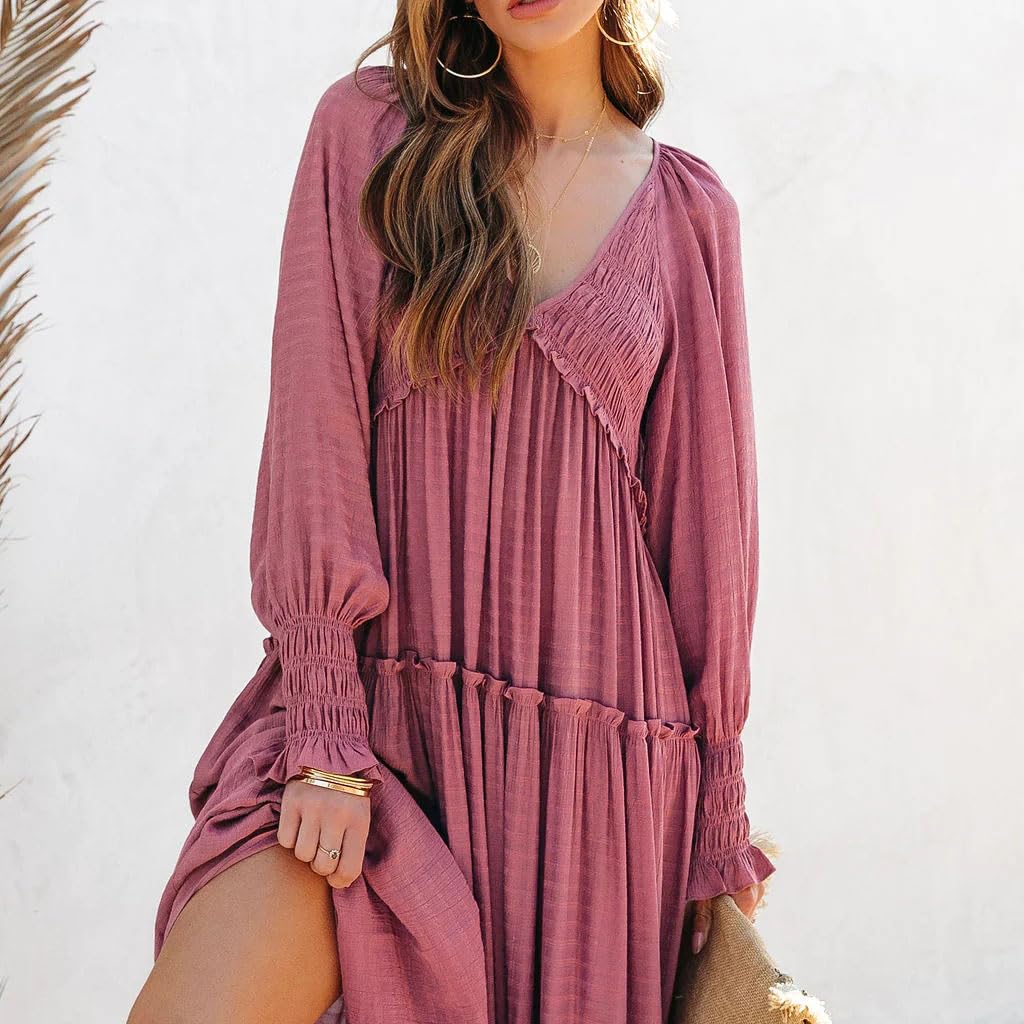 R.Vivimos Maxi Dress for Women Long Sleeve V Neck Empire Waist Layered Ruffle Boho Casual Flowy Long Dresses