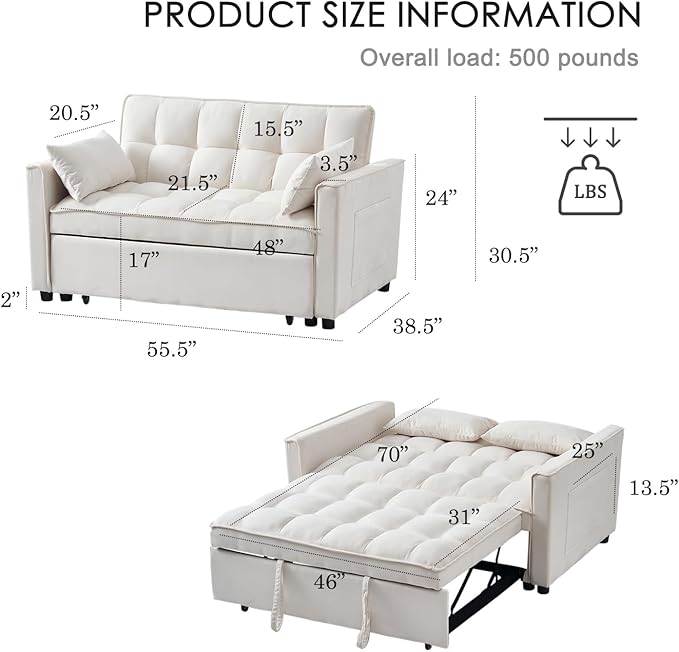 3-in-1 Convertible Sleeper Sofa Bed, Premium Velvet Pull Out Loveseat
