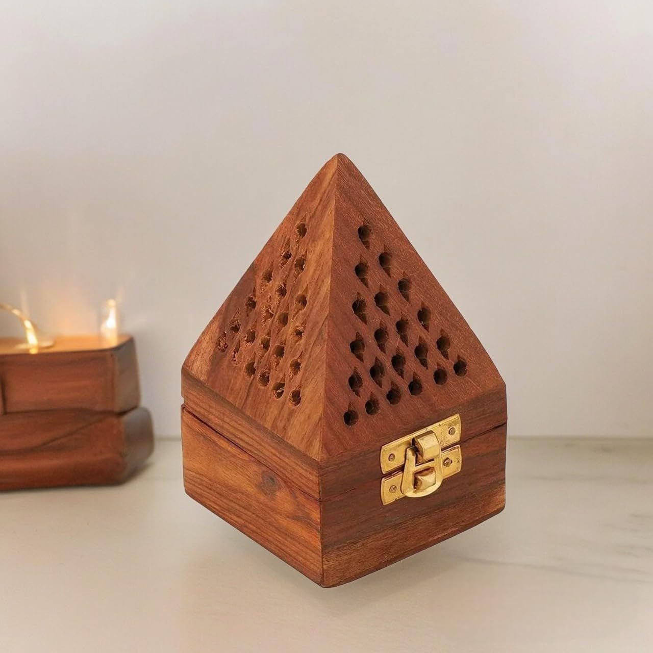 Luvikka's Handmade Wooden Pyramid Incense Holder, Natural Wood Ash Catcher with Brass Latch, 5 Inch Cone Burner for Aromatherapy Meditation Yoga