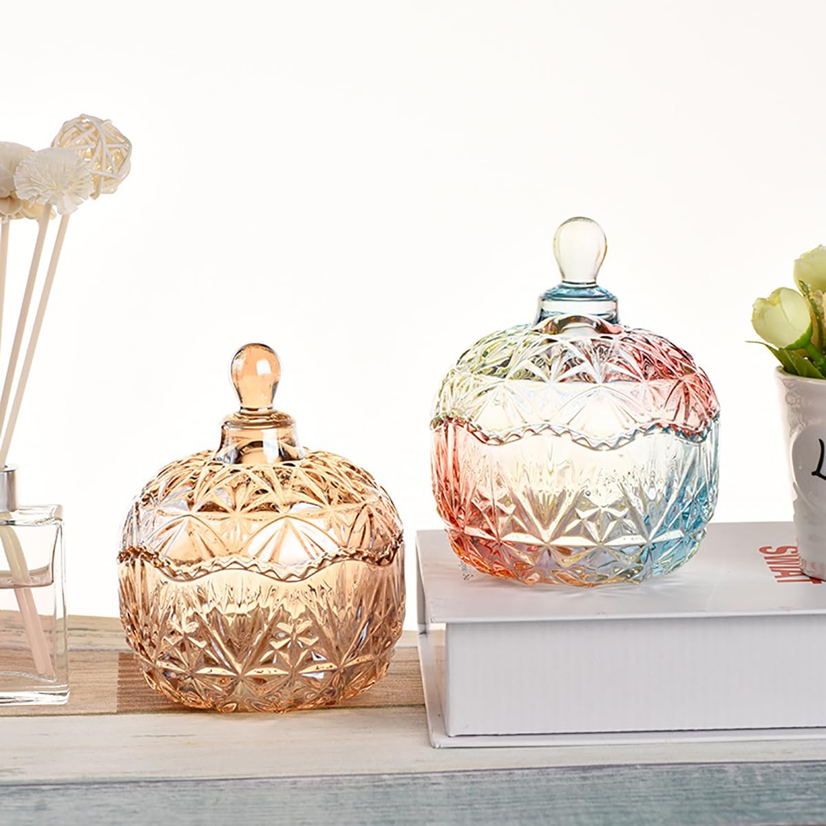 EWEIGEER Amber Crystal Glass Candy Snack Jar Fall Candy Dish Embossed Luxury Cookie Buffet Canister With Lid Jewelry Box