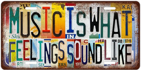 Vintage Music Room Wall Decor art，Music Is What Feelings Sound Like，License Plate Metal Sign Tin Signs Band Album Posters, 12x6 inches，for Classroom, Studio，Bedroom Alt Aesthetic Decor , Teacher Gifts or Collectible