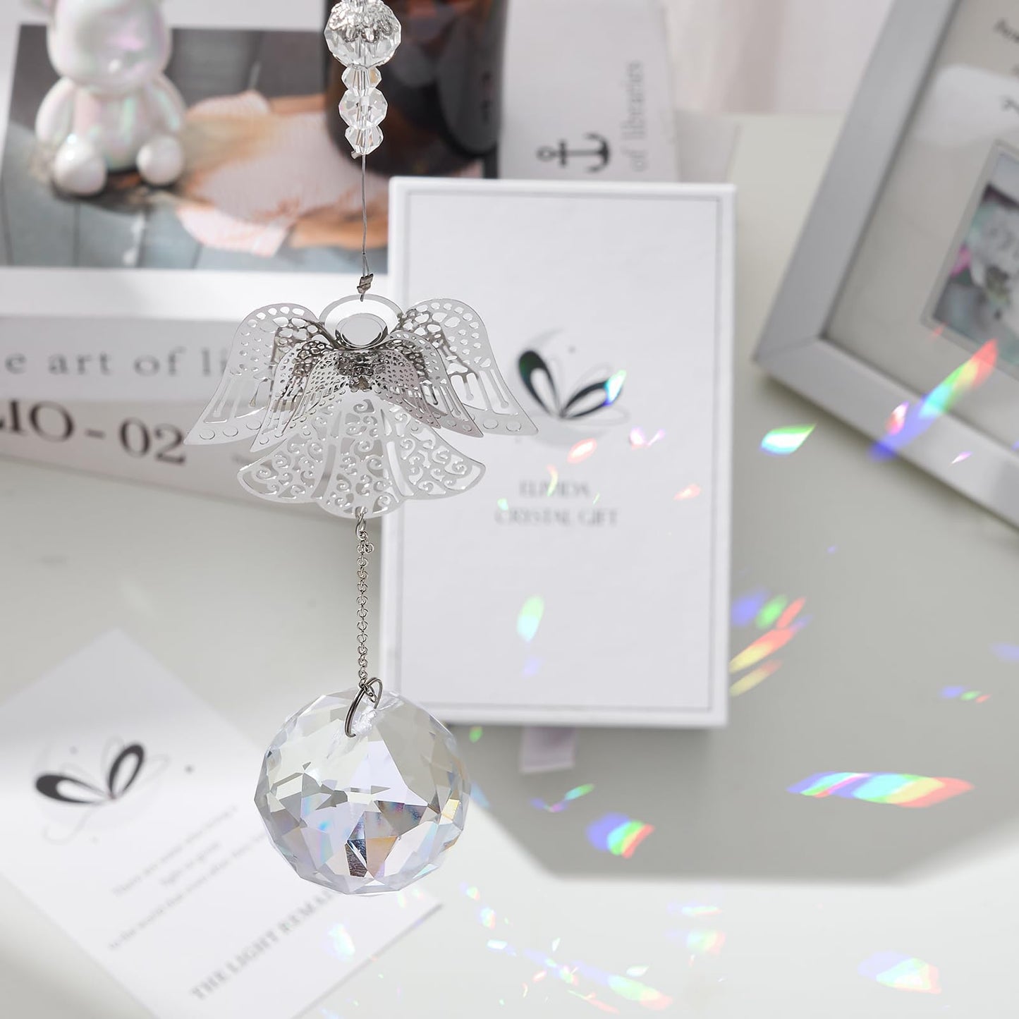Elivida Memorial Modern Sympathy Gift for Loss of Mom - 3D Angel Design Grief Hanging Ornament With 40mm Clear Crystal Ball Rainbow Maker - Bereavement Idea for Women