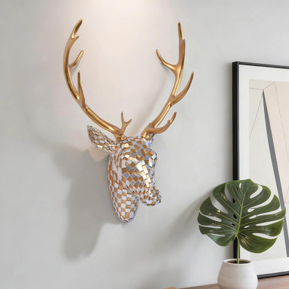 GIGICICI Mosaic Deer Head Wall Decor 15.7x8.7 Inch, Artistic Faux Resin Animal Head Wall Sculpture Hanging for Living Room Bedroom Kitchen Office, Gold-Silver Gift