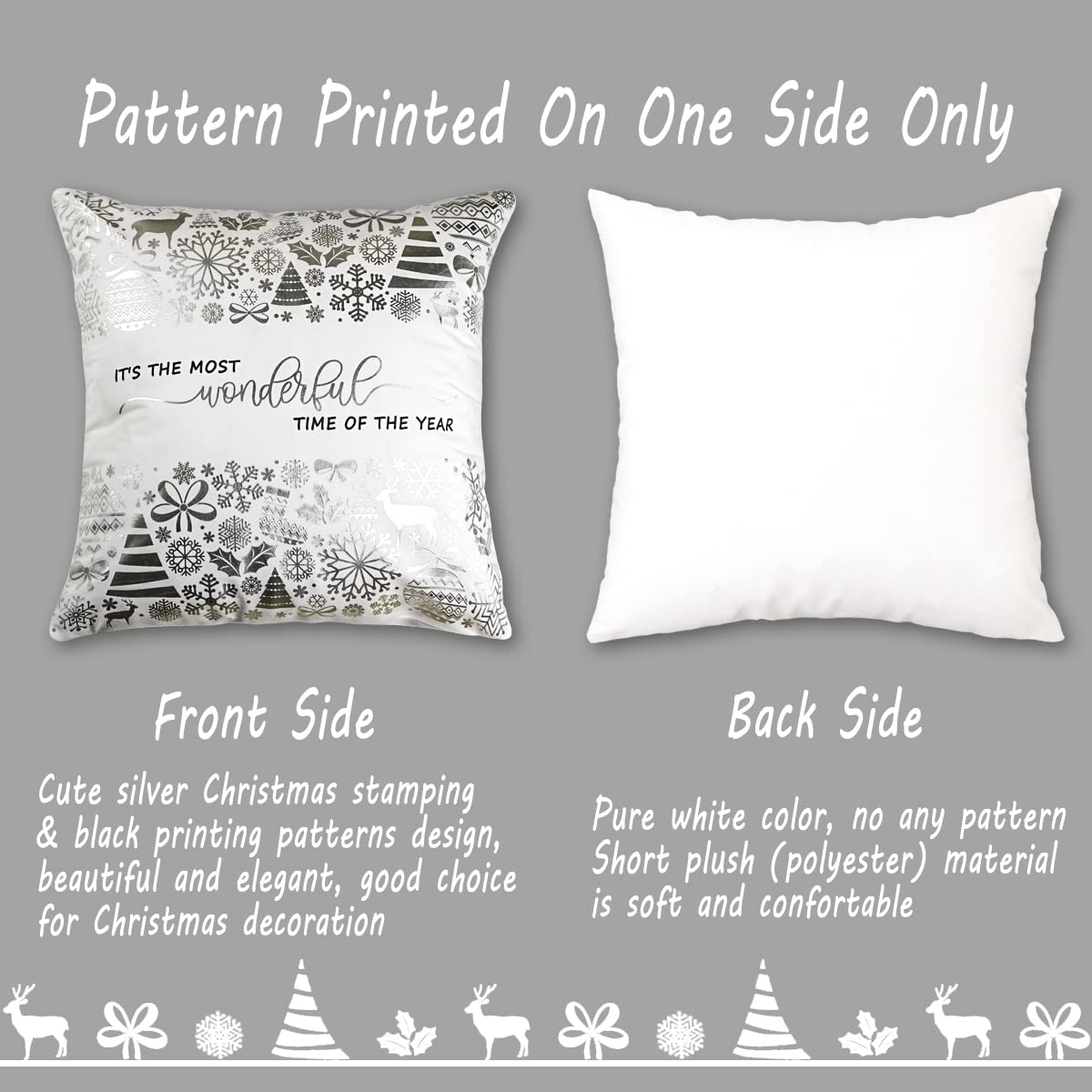 JOJOGOGO Christmas Decorations Silver and White Christmas Pillow Covers 18x18 Set of 4, Silver Xmas Decor Snowflake Christmas Tree Let It Snow Decorative Throw Pillows for Bedding Couch Sofa