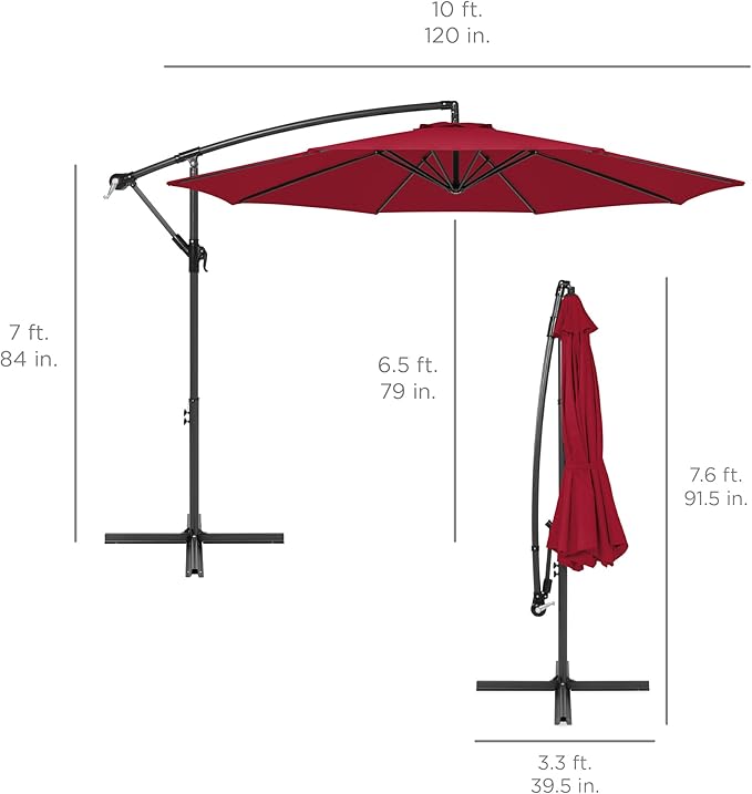 Best Choice Products 10ft Offset Cantilever Hanging Market Patio Umbrella, 8 Sturdy Ribs, Easy Adjustment - Burgundy