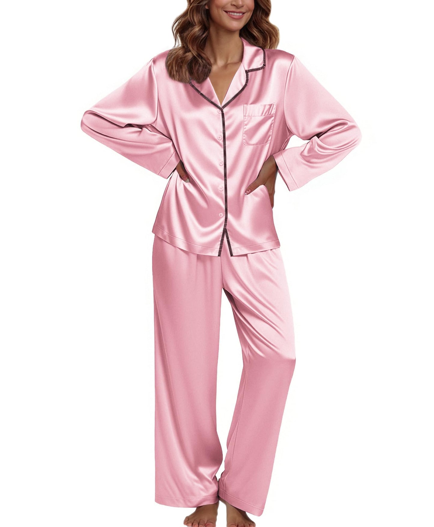 Ekouaer Pajamas For Women Set Silk Pjs 2 Piece Satin Sleepwear Long Sleeve Button Down Lounge Sets With Pant