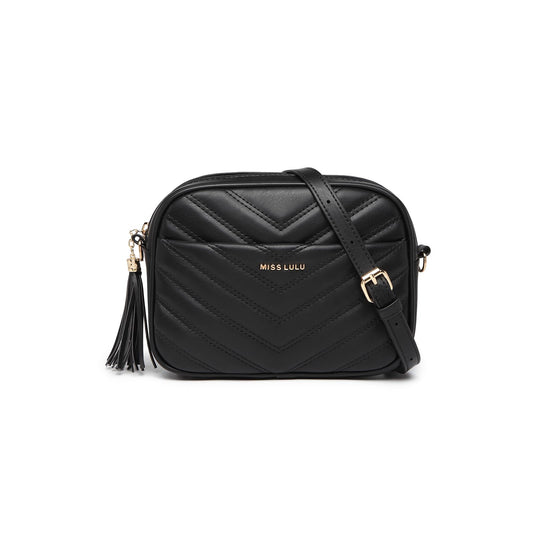 Miss Lulu Women's Small Black Crossbody Shoulder Bag with Adjustable Strap - PU Leather, V-Shaped Pattern & Tassel Detail