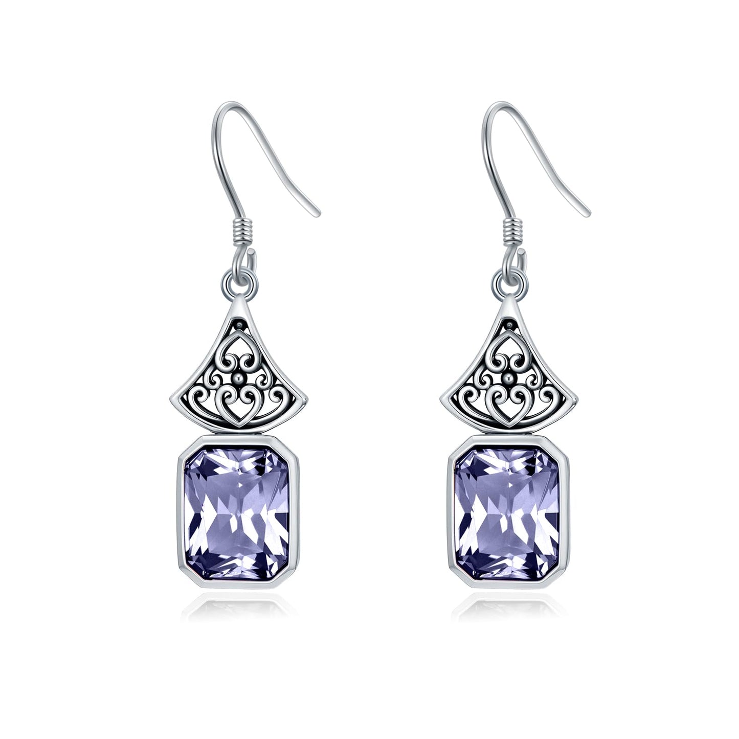 Vintage Earrings 925 Sterling Silver Oxidized Dangle Drop Earrings with Emerald Cut Violet Purple June Birthstone Anniversary Jewelry Gifts for Women