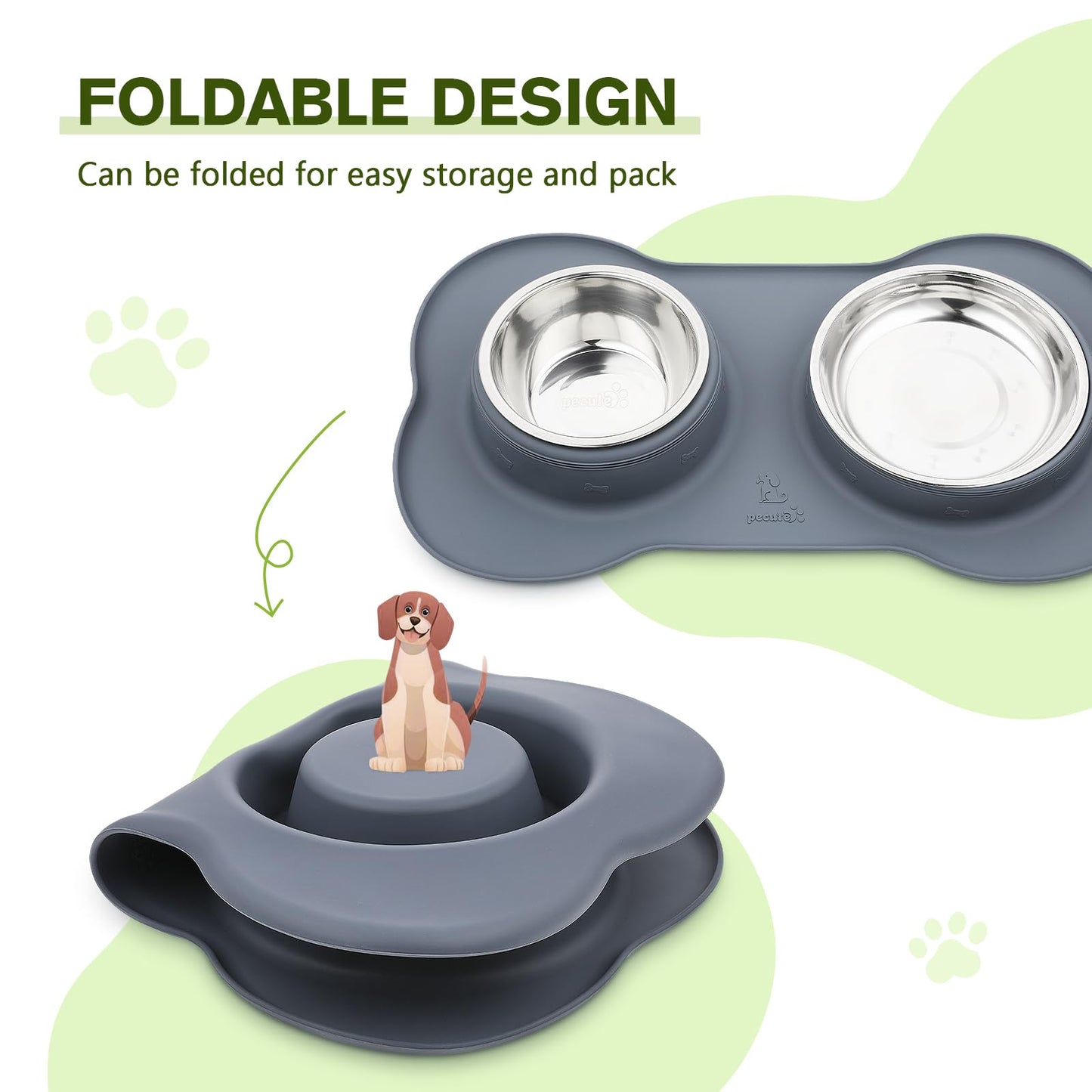 Pecute Dog Bowls Non Slip, Stainless Steel Double Bowls Set with Non-Spill Silicone Mats Tray for Cats Puppies Small Dogs Water Food Feeding (14oz Each Bowl, Grey)