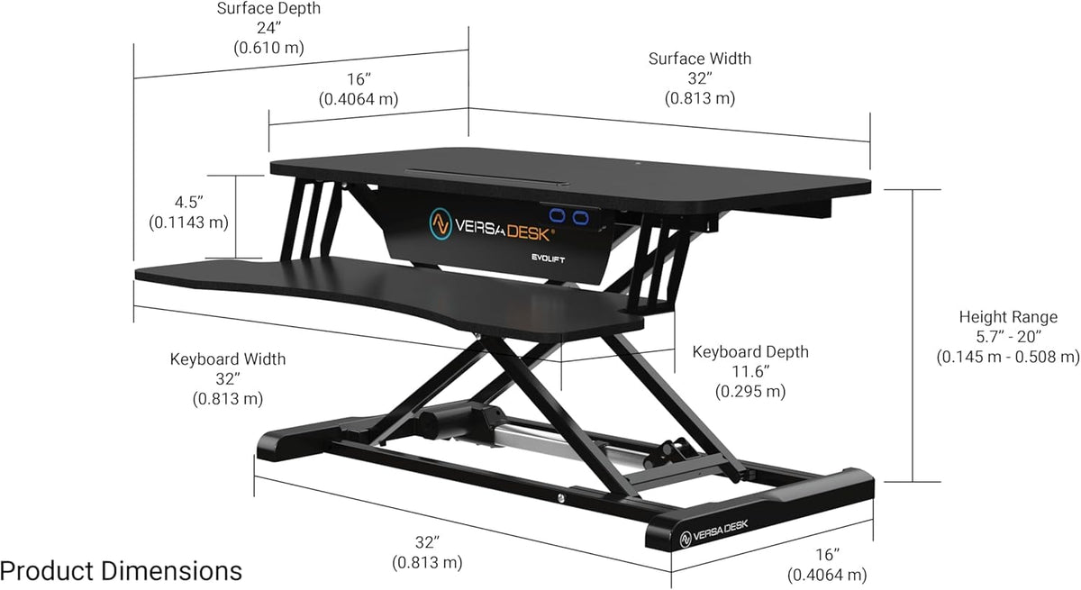 VERSADESK EvoLift 32" Electric Standing Desk Converter, Sit to Stand Motorized Desk Riser, 1-Button Easy Lift, Dual Monitor Workstation, Wide Keyboard Tray, Built-in Device Stand, Black