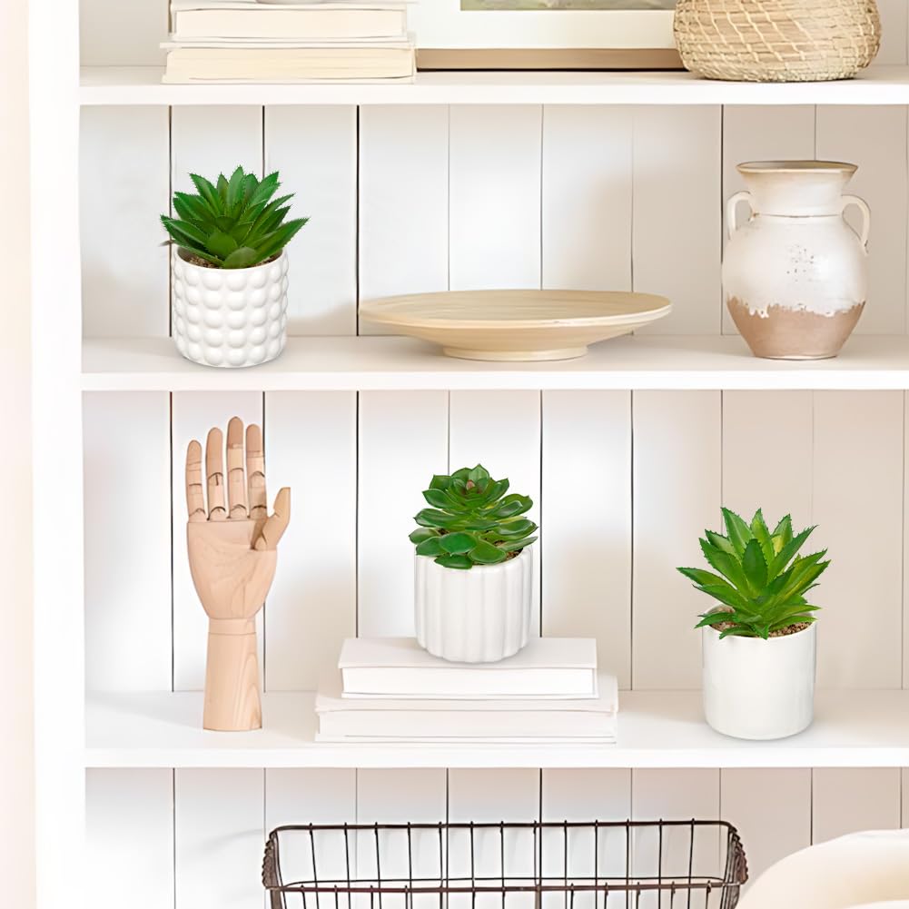 Briful Succulents Plants Artificial in White Ceramic Pots (Set of 3), Small Fake Plants for Home Office Desk Decor – Modern Mini Potted Succulents for Bathroom, Bedroom, Living Room Table, Shelf