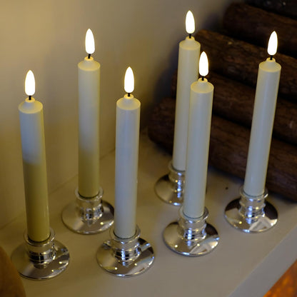 6PACK Flameless Battery Powered 8'' Ivory Taper Windows Candles, Include 12 AA Batteries, with Remote and Timer, with Suction Cup and Removable Silver Candleholders, Remote Included, Patented