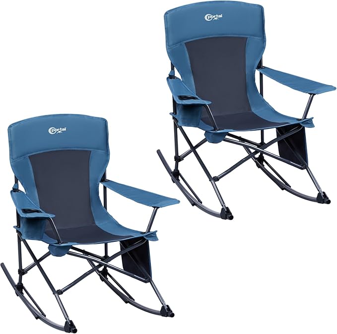 Portal Folding Camping Rocking Chair Portable Outdoor Rocker High Back Cup Holder Side Pocket Carry Bag Included, Support 300 lbs