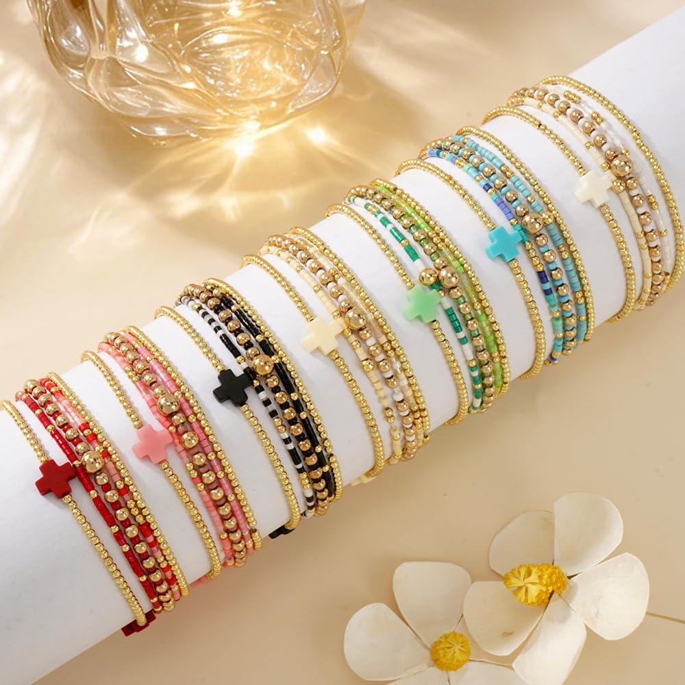 Bohxantium Gold Beaded Cross Bracelets for Women Dainty 14K Gold Plated Beads Ball Red Stretch Stackable Non Tarnish Bracelet Stack Boho Christian Jewelry Accessories Birthday Prom Friendship Gift