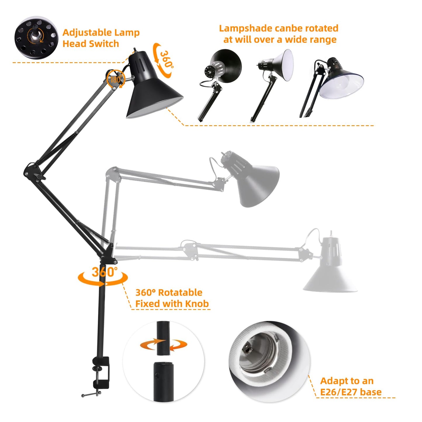 Desk Lamp With Clamp for Home Office, Eye-Caring Clip on Light with Adjustable Extra Tall Metal Swing Arm, High Intensity Clamp Lamp w/LED Bulb, Architect Task Table Lamps for Study, Workbench-B/5000k