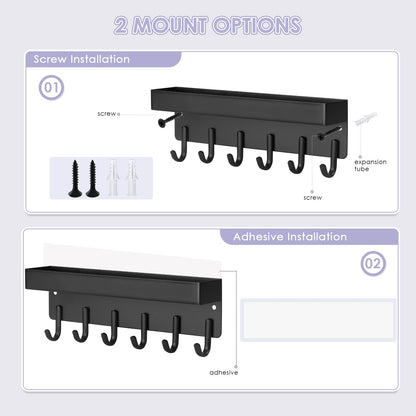 VIS'V Key Holder Wall Mount, Compact Adhesive Key Rack with Tray, 6 Hooks, 2 Mount Options, Black