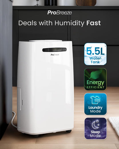 Pro Breeze® 20L/Day Dehumidifier with Digital Humidity Display, Sleep Mode, Continuous Drainage, Laundry Drying and 24 Hour Timer - Ideal for Damp and Condensation