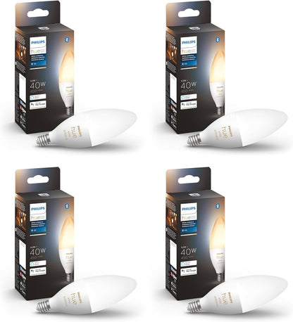 Philips Hue 40W B39 Candle-Shaped Smart LED Light Bulbs - Warm-to-Cool White Ambiance - 4 Pack - 450LM - E12 - Indoor - Control with Hue App - Works with Voice Assistants