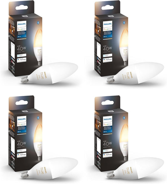 Philips Hue 40W B39 Candle-Shaped Smart LED Light Bulbs - Warm-to-Cool White Ambiance - 4 Pack - 450LM - E12 - Indoor - Control with Hue App - Works with Voice Assistants