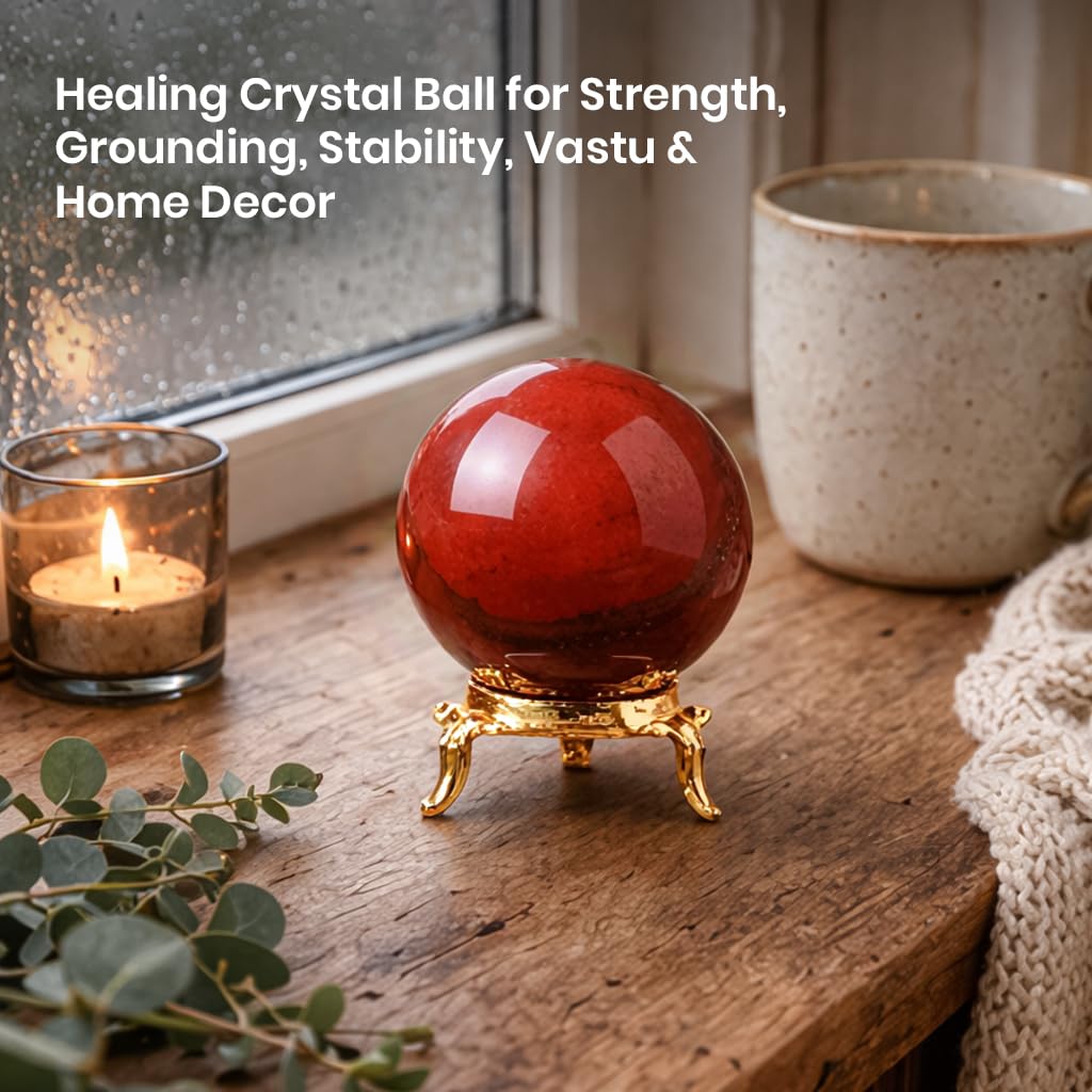 Crocon 55mm Red Jasper Stone Sphere Ball with Metal Stand 1400+ Carats Gemstone Ball Healing Sphere Sculpture Figurine for Fengshui Divination Home Decoration Photography Crystal Sphere