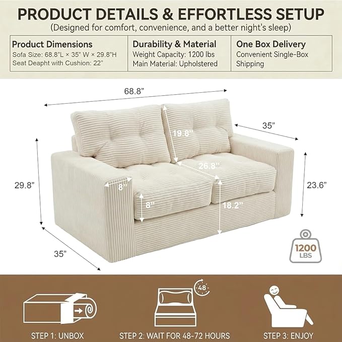 69" Corduroy Loveseat Sofa in a Box, High-Density Foam Couch, No Assembly